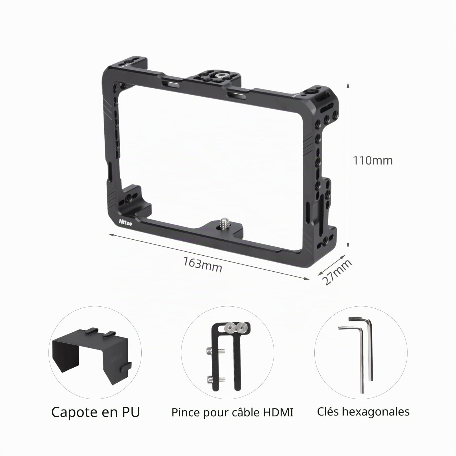 Nitze Cage de Moniteur pour Feelworld F6 PLUSX / F6 Plus / F5 Pro / F5 Prox, avec Serre-Câble HDMI et Pare-Soleil - JT-F05B