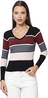 kalt Women Full Sleeves V- Neck Ribbed Striped Sweater-picture-50