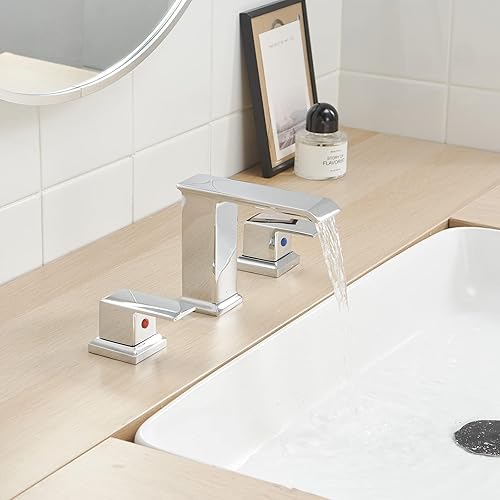 Miniatura 2 de Grifo de baño cromado extendido con cascada, 3 agujeros, 2 manijas, 8 pulgadas, moderno lavabo con drenaje desplegable con desbordamiento de latón