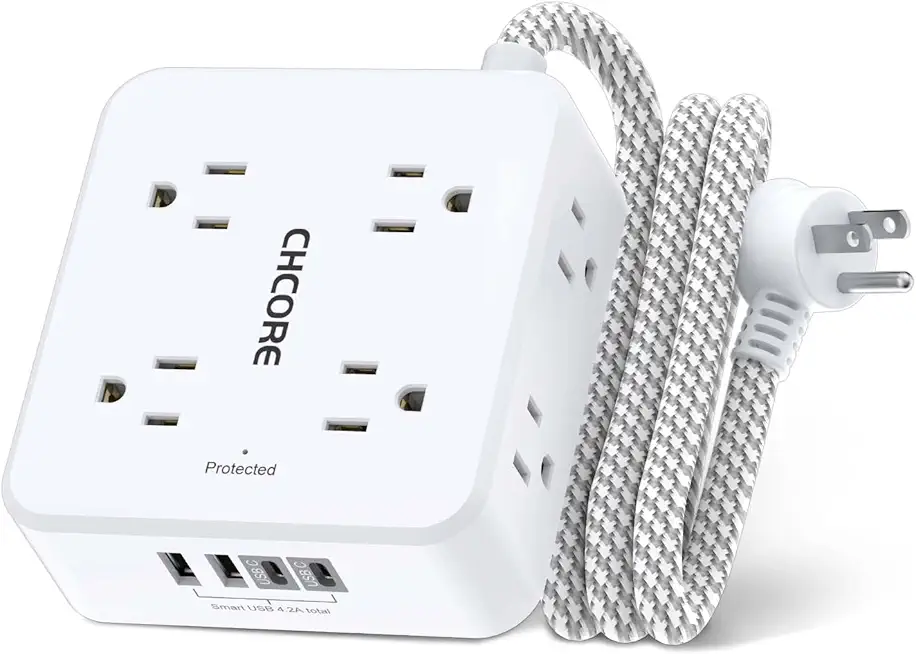 Surge Protector Power Strip - CHCORE 5Ft Braided Extension Cord with 8 Outlets with 4 USB (2 USB C) Charging Ports, Flat Plug Multi Plug Outlet Extender Charging Station for Home Office, ETL, White ClimatePartner certified