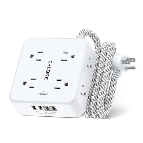 Surge Protector Power Strip - CHCORE 5Ft Braided Extension Cord with 8 Outlets with 4 USB (2 USB C) Charging Ports, Flat Plug Multi Plug Outlet Extender Charging Station for Home Office, ETL, White - 5Ft-Braided Cord - White