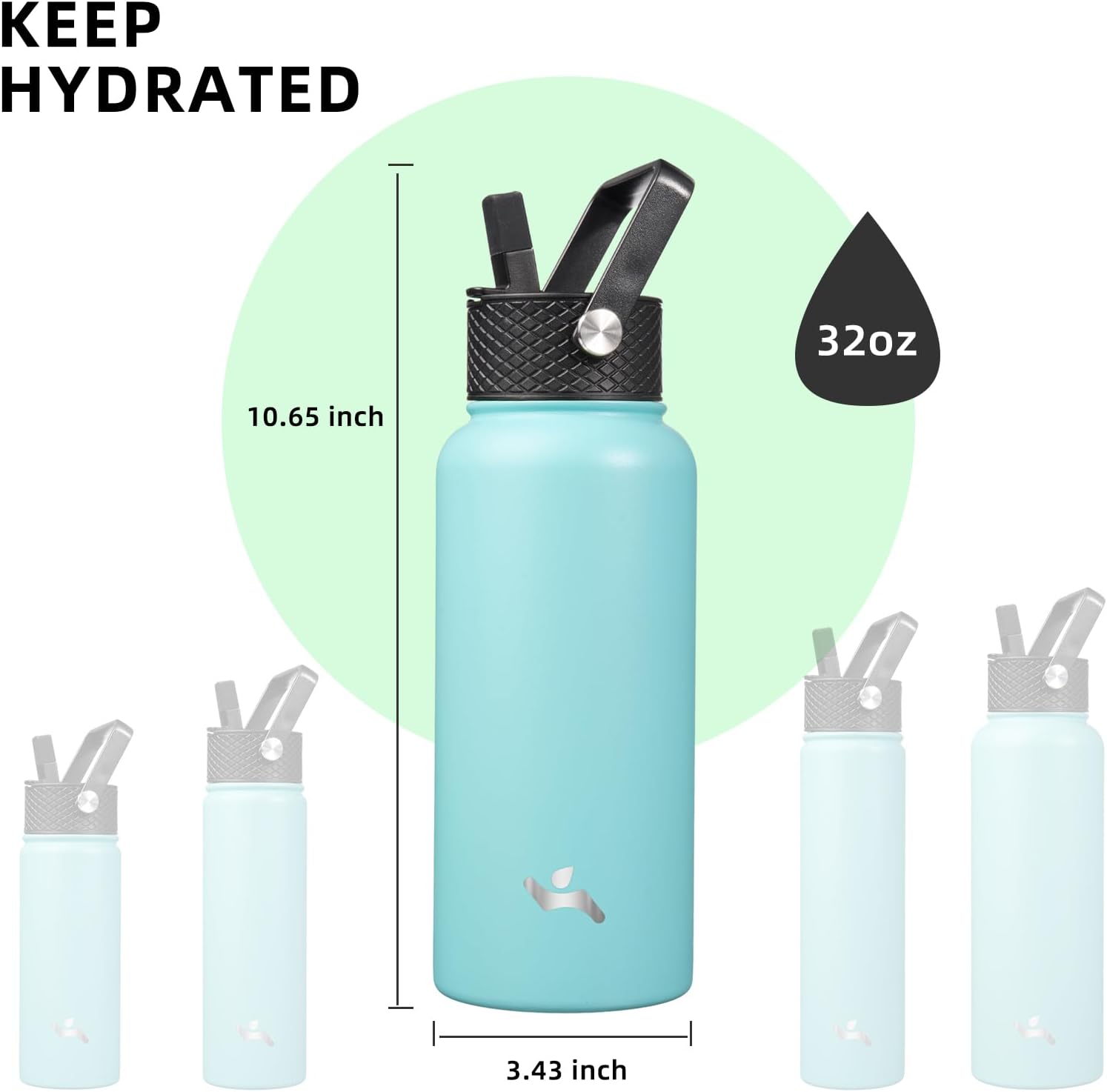 32 oz Insulated Water Bottle Stainless Steel Sport Bottles with 3 Lids,Turquoise - Image 5