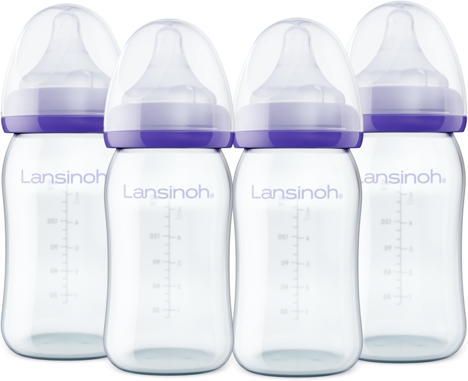 Lansinoh Anti-Colic Glass Baby Bottles, 5 Ounces, 4 Count Bottles for Feeding, Baby Essentials, Includes 4 Slow Flow Nipples, Size S