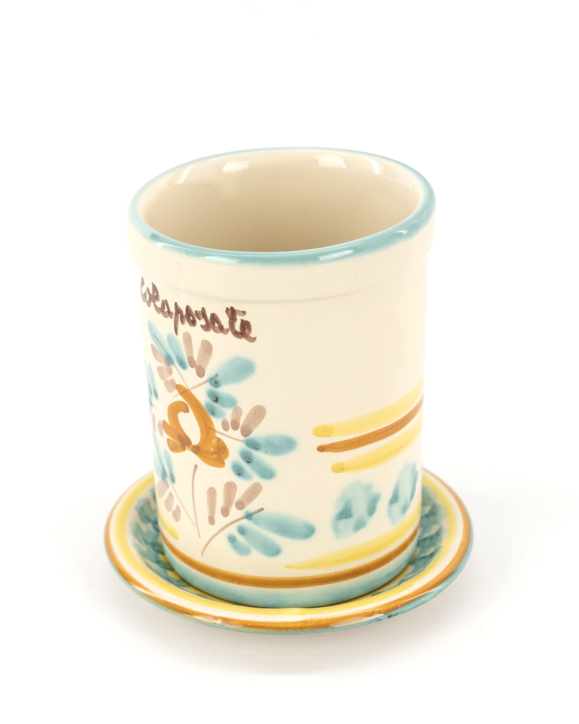 CEAR Ceramiche - Colaposate, barattolo scolaposate da cucina con piattino in ceramica artigianale siciliana H cm 13