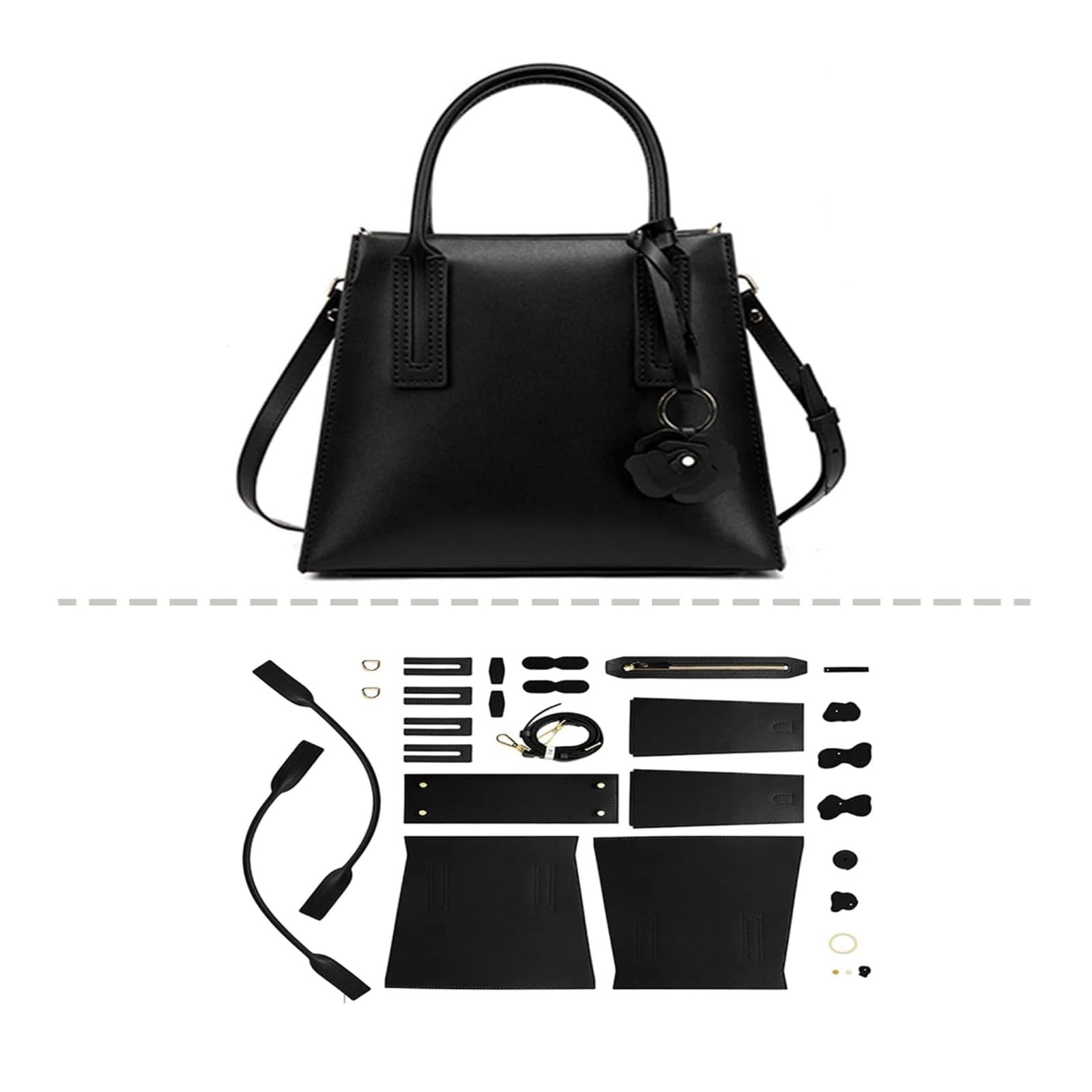 POPSEWING Leder-Handtaschen-Set für Damen mit Griffen oben, DIY-Umhängetasche mit Nähset, handgefertigtes Taschen-Set für Mutter, Freundin, Geburtstag, Weihnachten, Geschenk (schwarz)