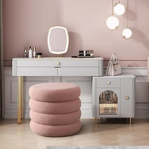 ONEVOG Boucle - Otomano de almacenamiento, asiento redondo para reposapiés, puf otomano de tocador, asiento acolchado suave con tapa extraíble para