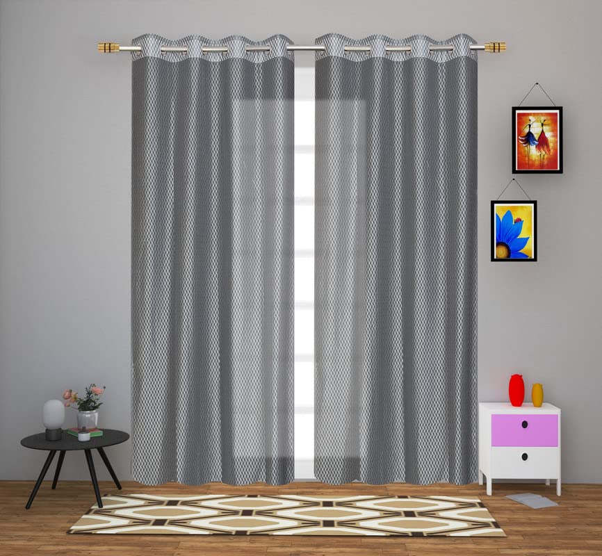 Image of Exporthub Set of 2 Piece Fancy Sparkling Zig Zag Design Grey Color Heavy Quality Sheer Strip Semi-Transparent Net Curtains - Long Door - 9 feet Long Living Room and Bedroom (EHSPR273 94)