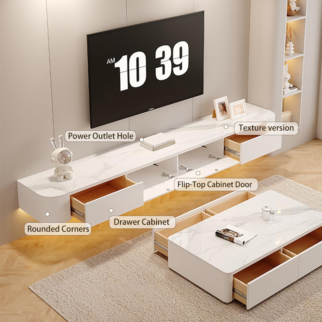 Mobile TV Sospeso RIBANEDY 140cm - In Legno Con Contenitore, Bianco/Texture Per Soggiorno - Foto 5