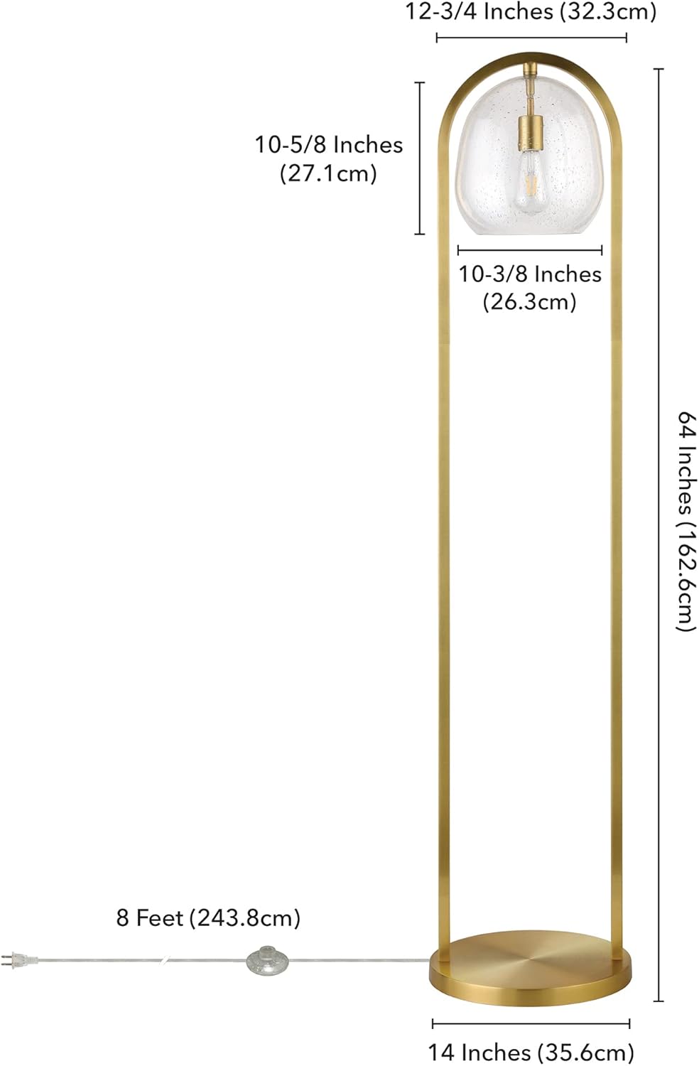 Henn&Hart 64" Floor Lamp with Seeded Glass Shade in Brushed Brass, for Home, Living Room, Bedroom, Entertainment Room, Office, Kitchen, Dining