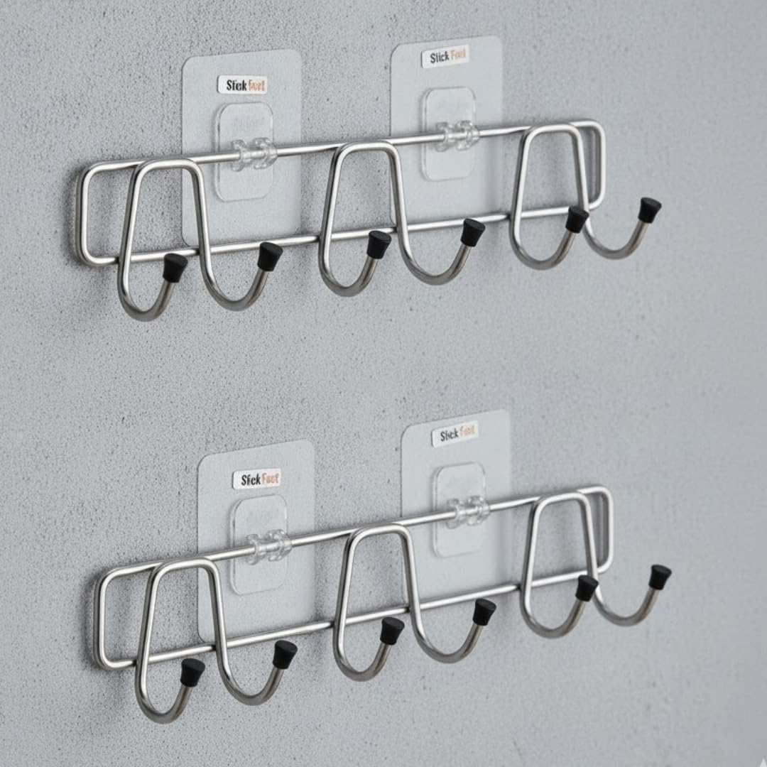 SF - Stick Fast Self Adhesive Stainless Steel 6 Hooks Rail With 3M Sticker For Cloth Hanger, Door Hooks Rail For Bedroom, Bathroom, Kitchen No Drills, Load Capacity 5 Kg Each- Pack Of 2-image-35