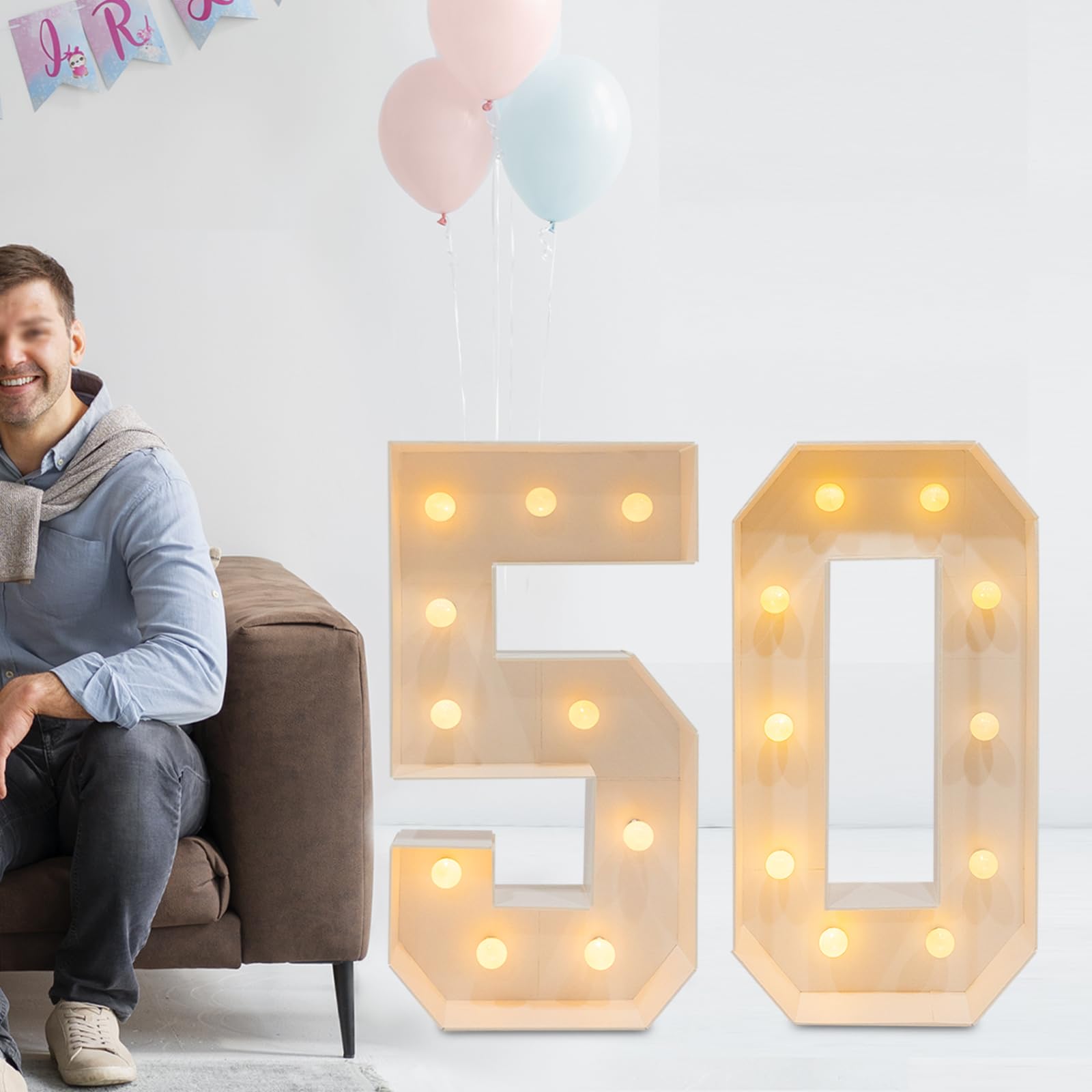 Letra luminosa, número luminoso gigante, número de luces de cumpleaños para iluminar 20 bombillas 2000-3000 K, funciona con pilas, para cumpleaños, fiestas, decoración de fondo (50)