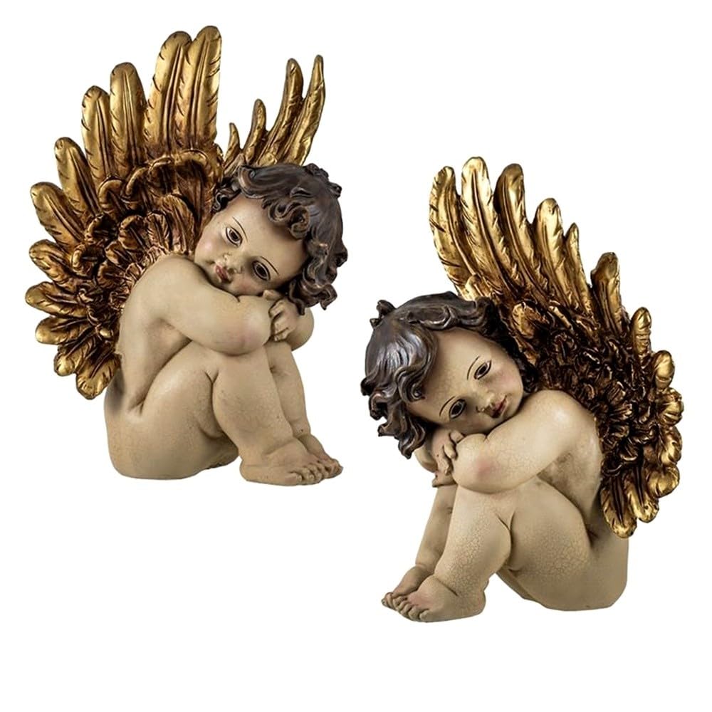 Angeli 2 Figure 29 cm. seduti Immagine Resina ali d'oro