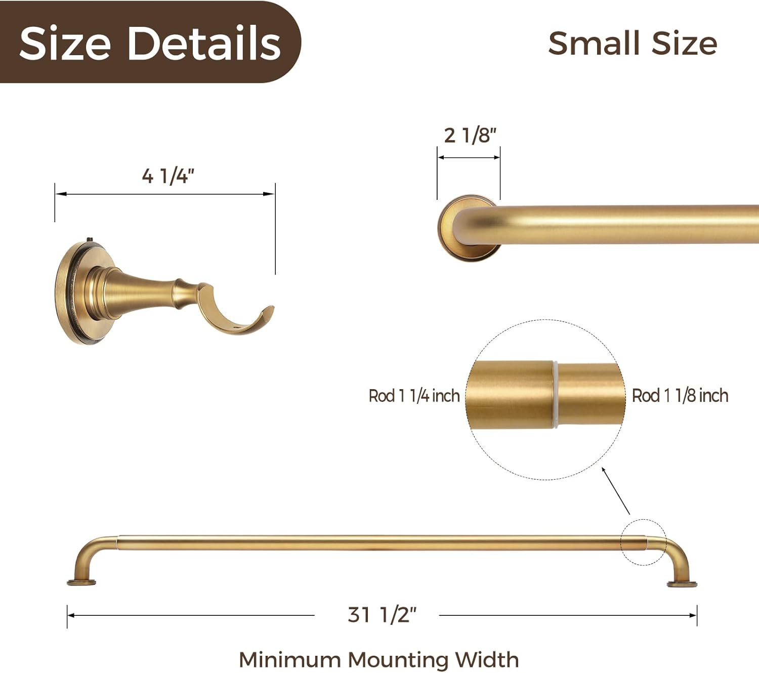 TWOPAGES French Return Curtain Rod 28 to 48 Inch, 1.25 Inch Gold Room Darkening Window Rod, Adjustable Wrap Around Blackout Curtain Rod for Living Room & Bedroom, Heavy Duty Metal, Burnished Brass
