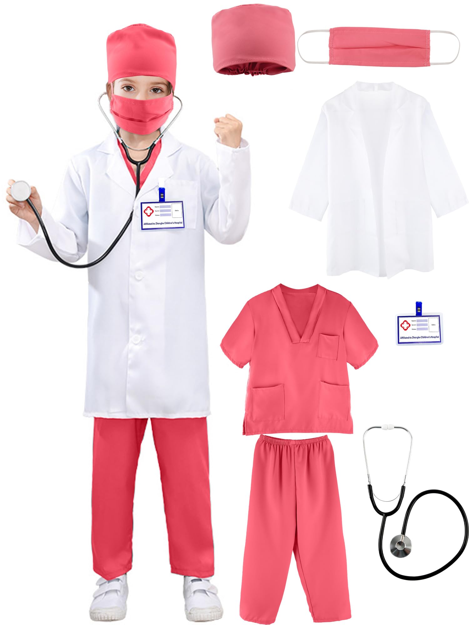 Puteraya Kids Doctor Costume Set Surgical Doctor Suit Kit Scientist Uniform with Stethoscope Toys for Boys Girls Dress Up Halloween Cosplay (Doctor Costume Set 2