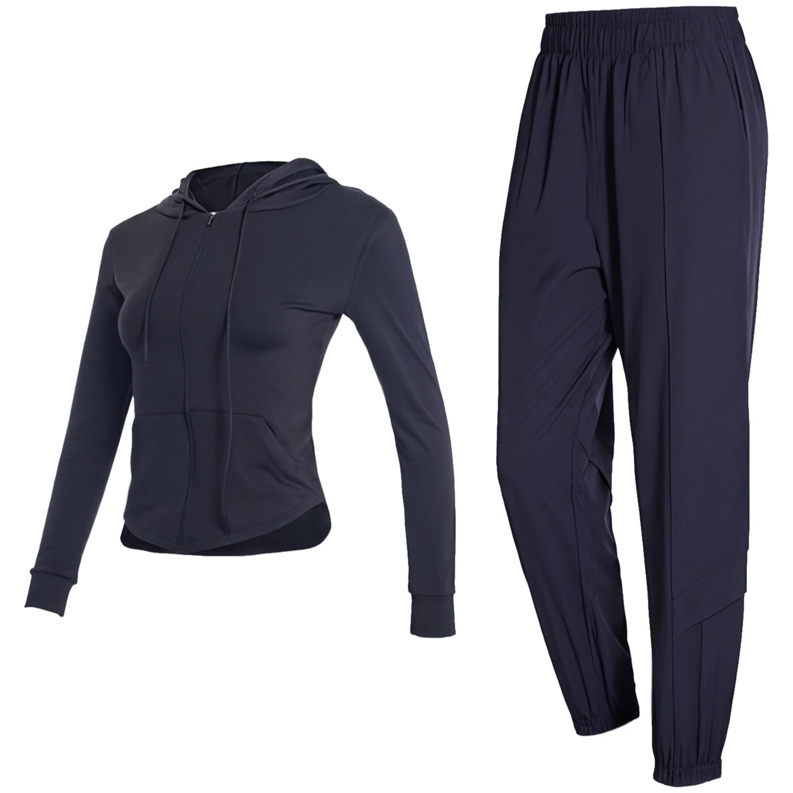 Set da donna con cappuccio e pantaloni da yoga, due pezzi Activewear nylon spandex per pilates e look casual fitness, Nero , Taglia unica