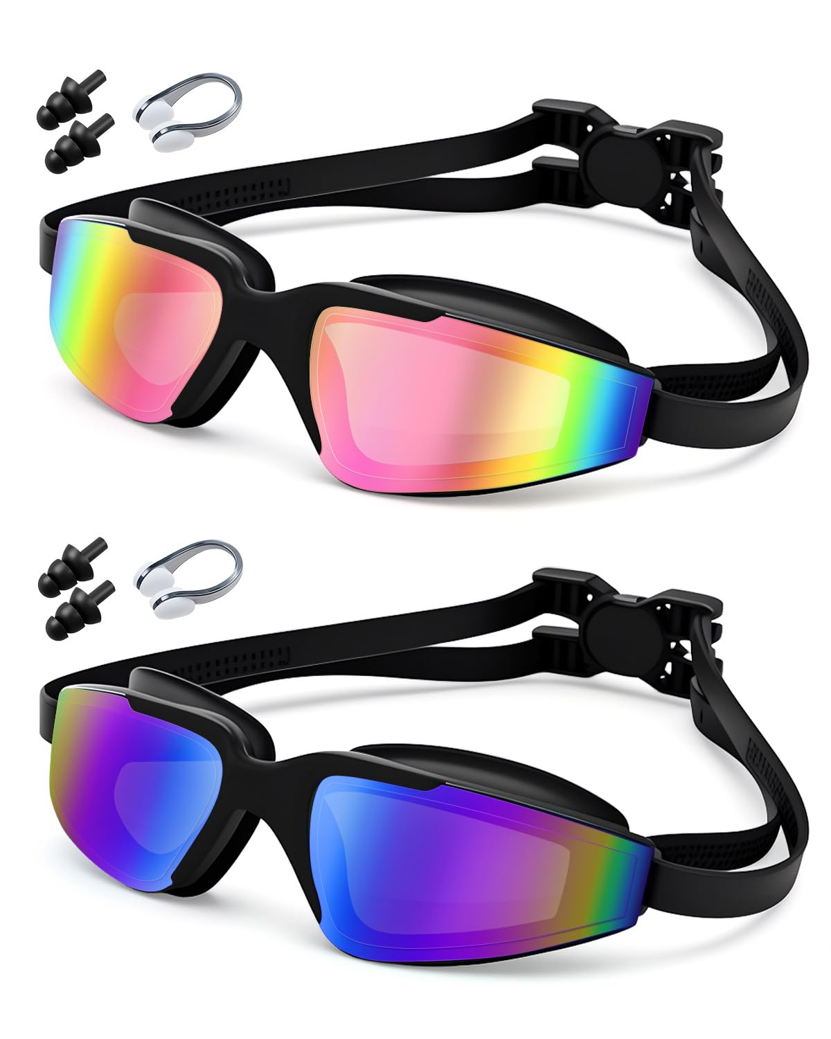 Swimming Goggles, 2-Pack Anti-Fog & UV Protection, 3D Leak-Proof Design with Mirrored Lens, Adjustable Strap for Adults & 10+ Kids, Includes Nose Clips & Earplugs - Perfect for Pool, Beach, Surfing — image 1