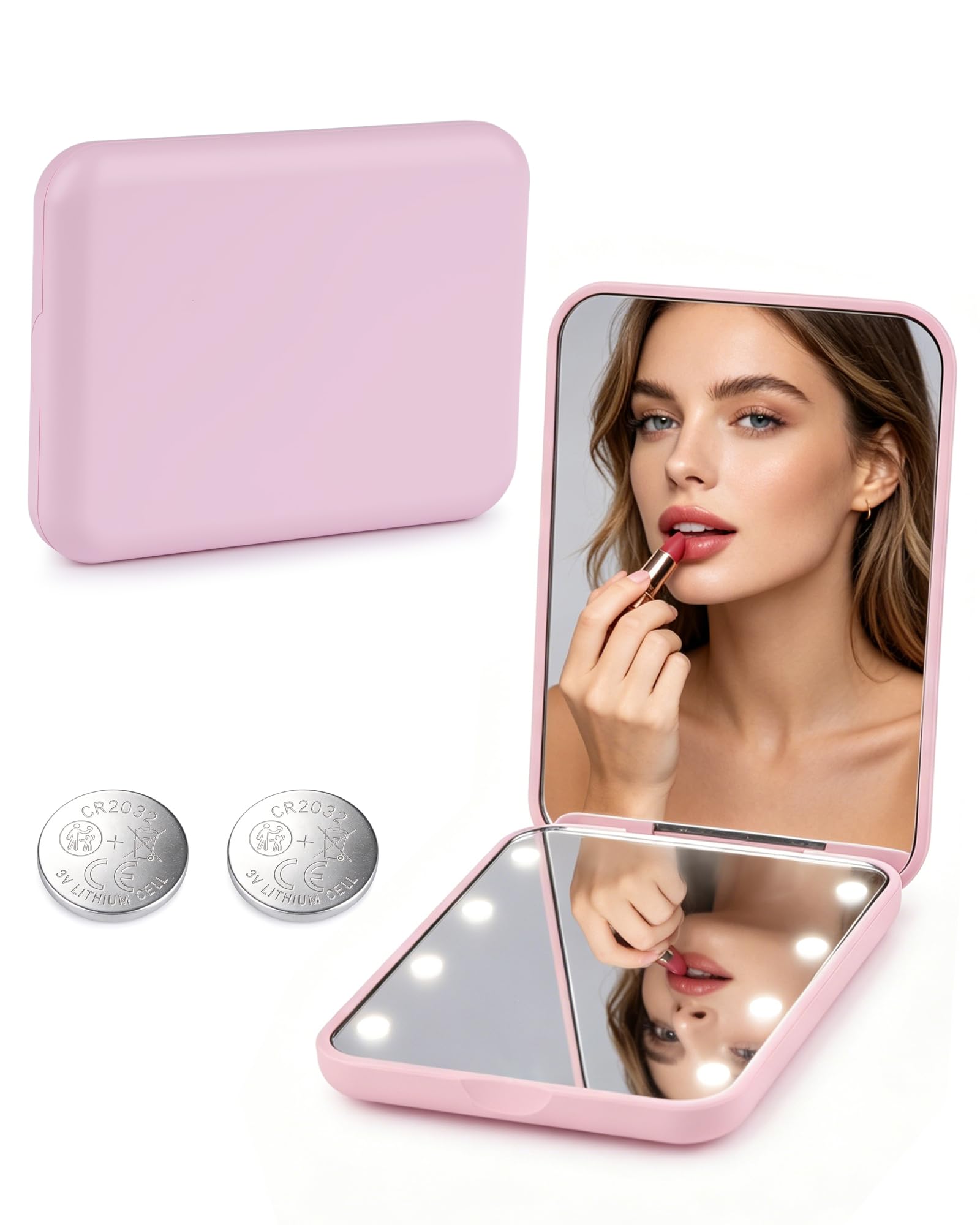 Espejo Maquillaje con Luz LED Plegable Aumento 1x/2x Portátil Rosa