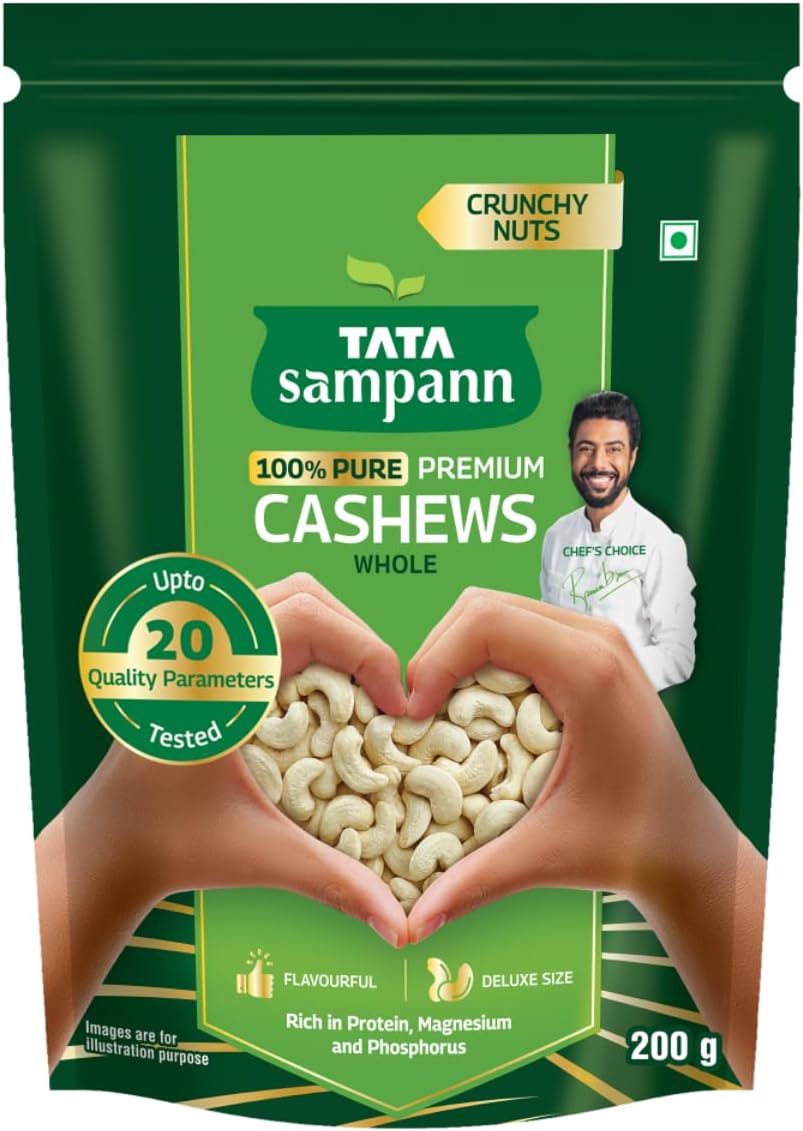 Tata Sampann Pure Cashews Whole/Kaju, 200g, Nutritious & Delicious, Premium Kaju nuts, Rich in Protein, Magnesium & Phosphorus, Deluxe Size & Crunchy Nuts