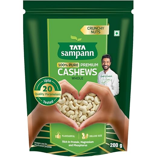 Tata Sampann Pure Cashews Whole/Kaju, 200g, Nutritious & Delicious, Premium Kaju nuts, Rich in Protein, Magnesium & Phosphorus, Deluxe Size & Crunchy Nuts