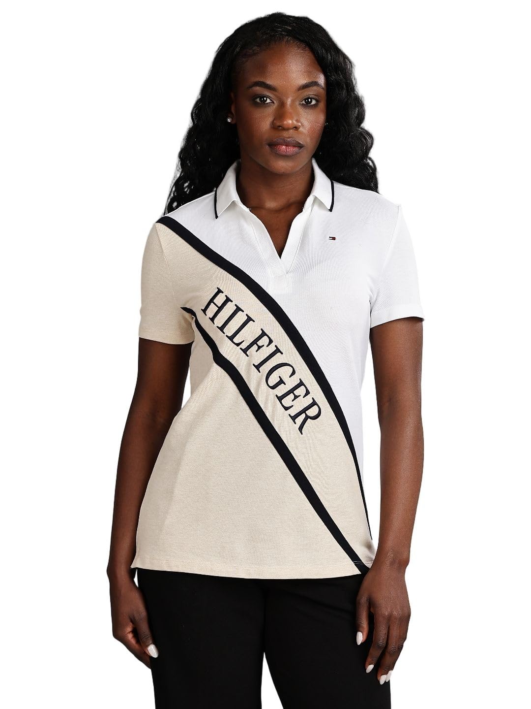 tommy hilfiger Womens Beige Colour Blocked Polo Shirt-picture-29