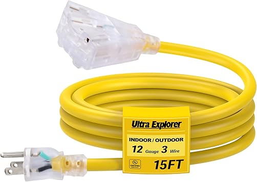 15 Ft Lighted Outdoor Extension Cord with 3 Electrical Power Outlets - 12/3 SJTW Heavy Duty Yellow Extension Cable with 3 Prong Grounded Plug for Safety, UL Listed