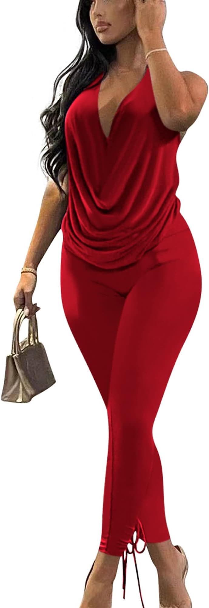 Women's Sexy Summer Two Piece Outfits Sleeveless Backless Deep V Neck Tank Tops And High Waisted Pants Matching Sets