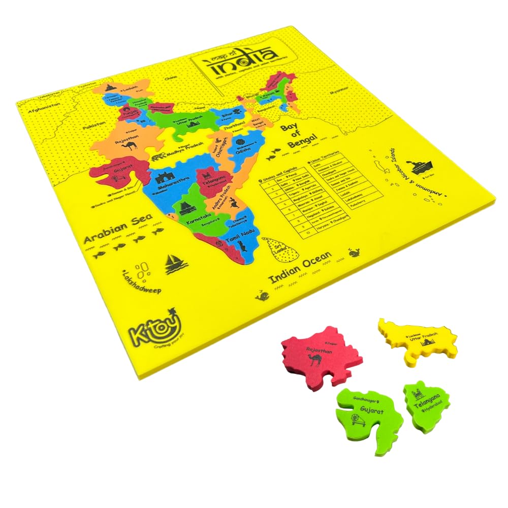 Kitoy Foam India Map Puzzle | Learn Indian States and Capitals, Geography for Kids, Learning & Educational Toys, Puzzles for Kids Ages 4+