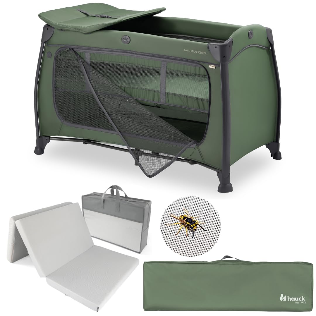 hauck Play N Relax Center Cuna de Viaje Bebe con Colchón y Mosquitera | Parque Plegable con Reductor para Recién Nacidos, Cambiador y Ruedas | Azul OEKO-TEX STANDARD 100