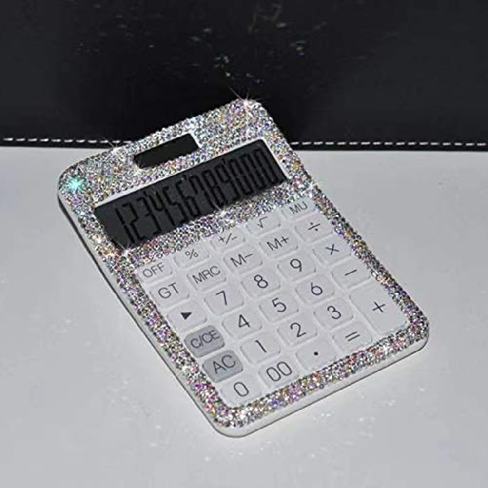 Calcolatrice Strass Cristallo Dazzling 12 Cifre Solare e Batteria Dual Power Display LCD per Ufficio Scuola Bianco