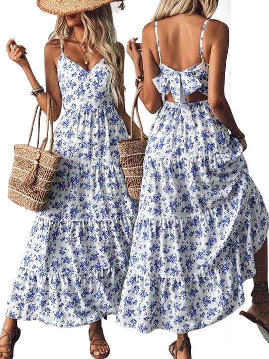 Narecte Women Summer Beach Dresses Maxi Dress Spaghetti Strap Flowy Casual Dress Bohemian Dresses for Vacation & Holiday