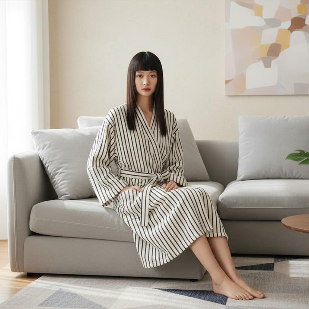 Cotton Terry Stripe Bathrobe For Women And Men,Luxury Kimono Soft Terry Cloth Robe,Comfortable Loungewear Nightwear