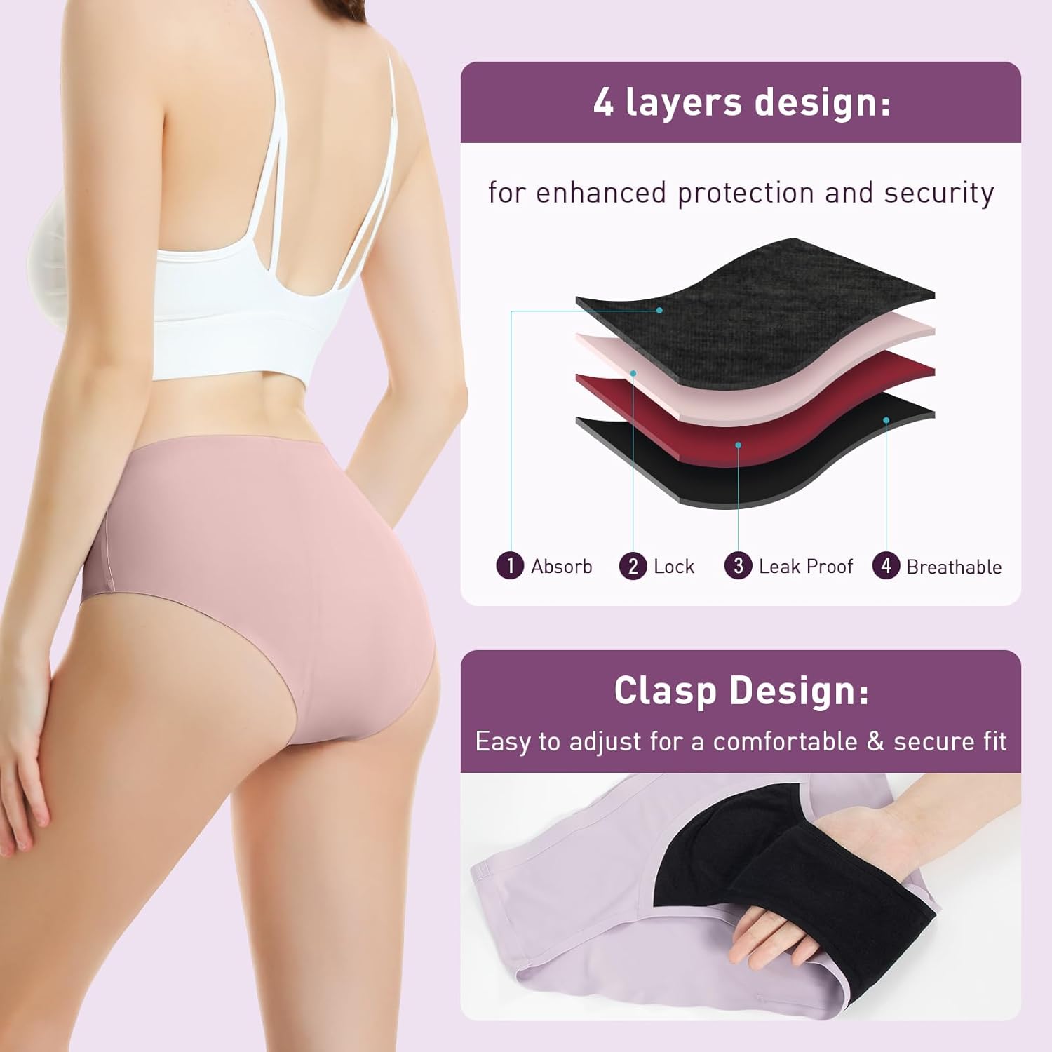 Carer 3 Pack Incontinence Underwear for Women, Washable Reusable Womens Absorbency Leakproof Incontinence Panties for Bladder Leak Protective Briefs L(2 Purple/1 Pink)