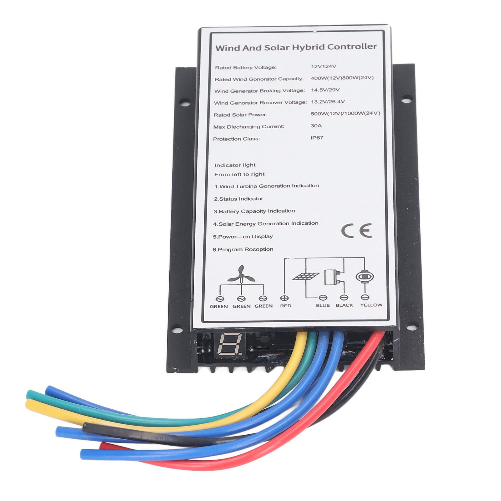 Regolatore ibrido solare eolico 30A, sistema di controllo della carica ibrido PWM per turbina eolica da 800 W e pannello solare da 1000 W con tracciamento MCT, alloggiamento in alluminio IP67, 12 V