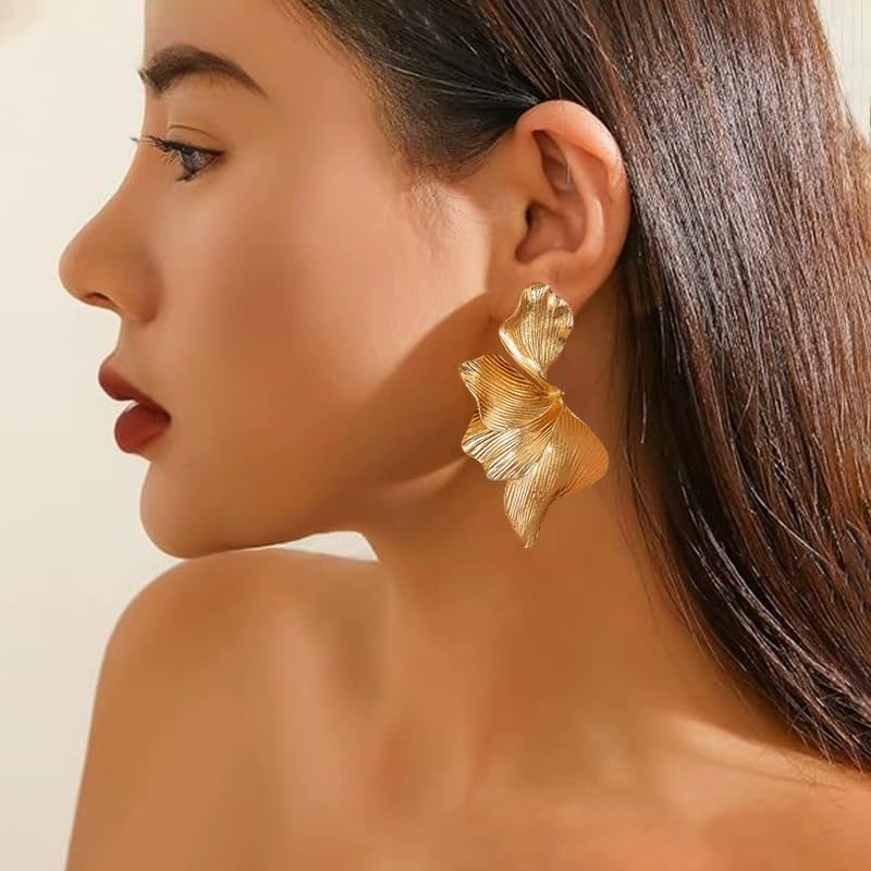 Chunky Gold Statement Earrings For Women Gold Flower Earrings Trendy Ginkgo Leaf Floral Earrings Geometric Sectored Flower Earring Simple Jewelry for Women - Image 4