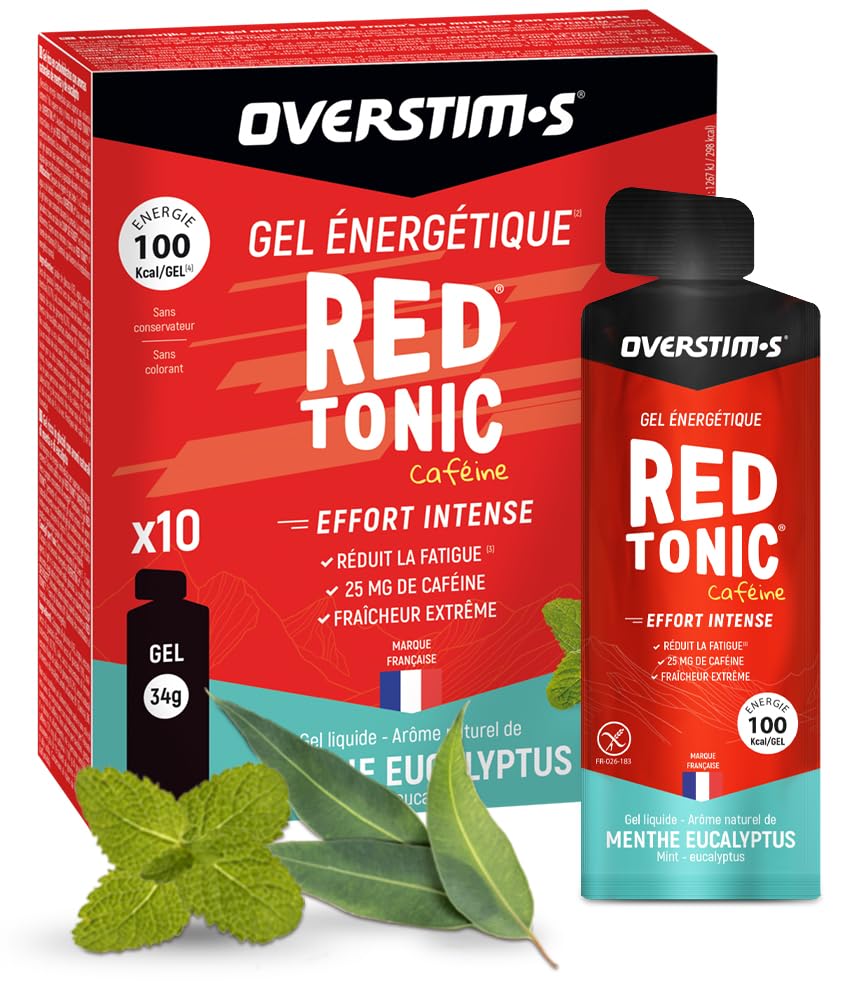 Overstim.s - Gel Red Tonic (10 sachets) - Gel énergétique pour le sport (vélo, course à pied...) - Energie instantanée - Caféine - Réduction de la fatigue - 100 kcal/gel - Saveur Menthe Eucalyptus