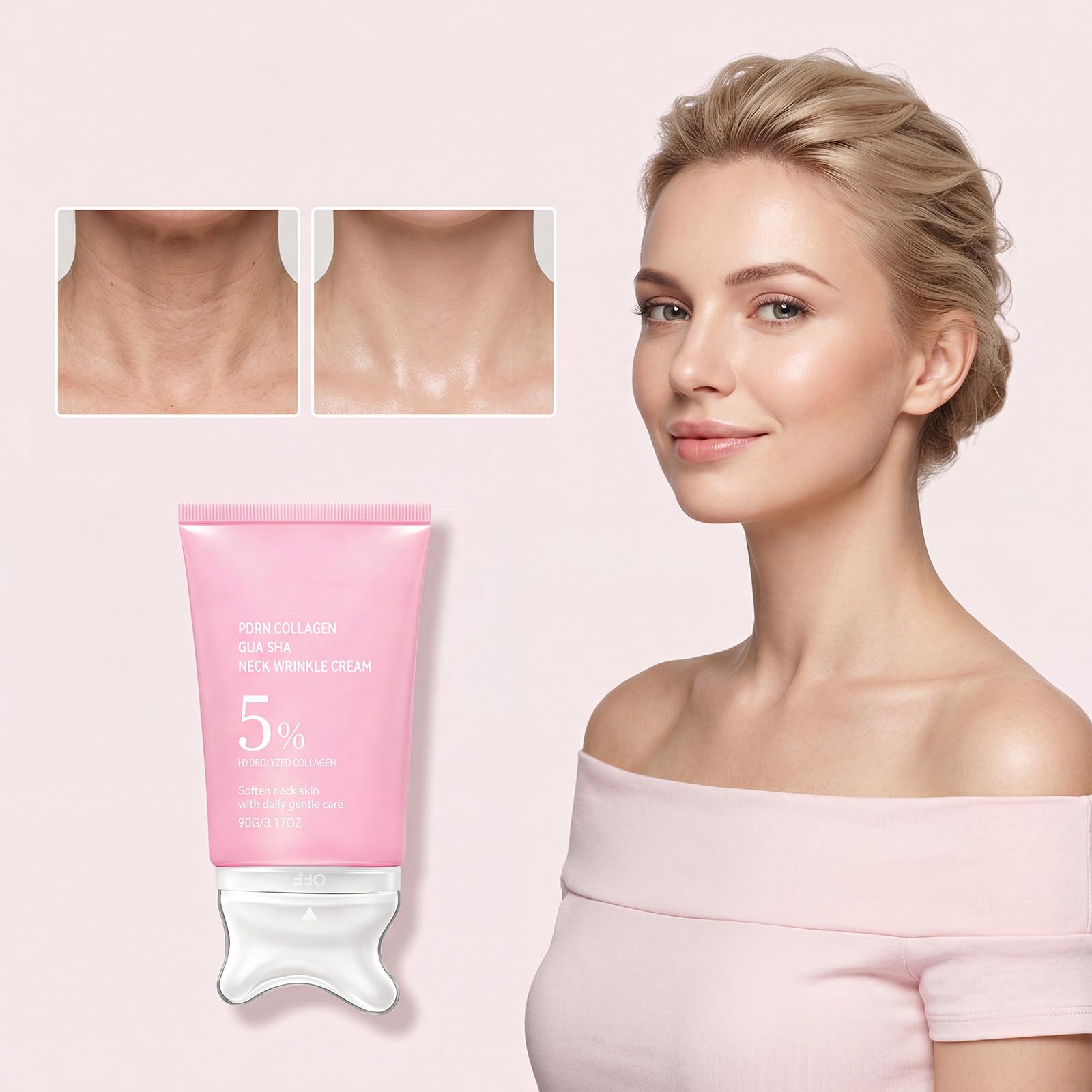 Crema hidratante antiarrugas para el cuello con colágeno y masajeador Gua Sha incorporado, hidratante reafirmante y lifting para el cuello, bálsamo multiusos con colágeno y péptidos PDRN. (6 piezas)