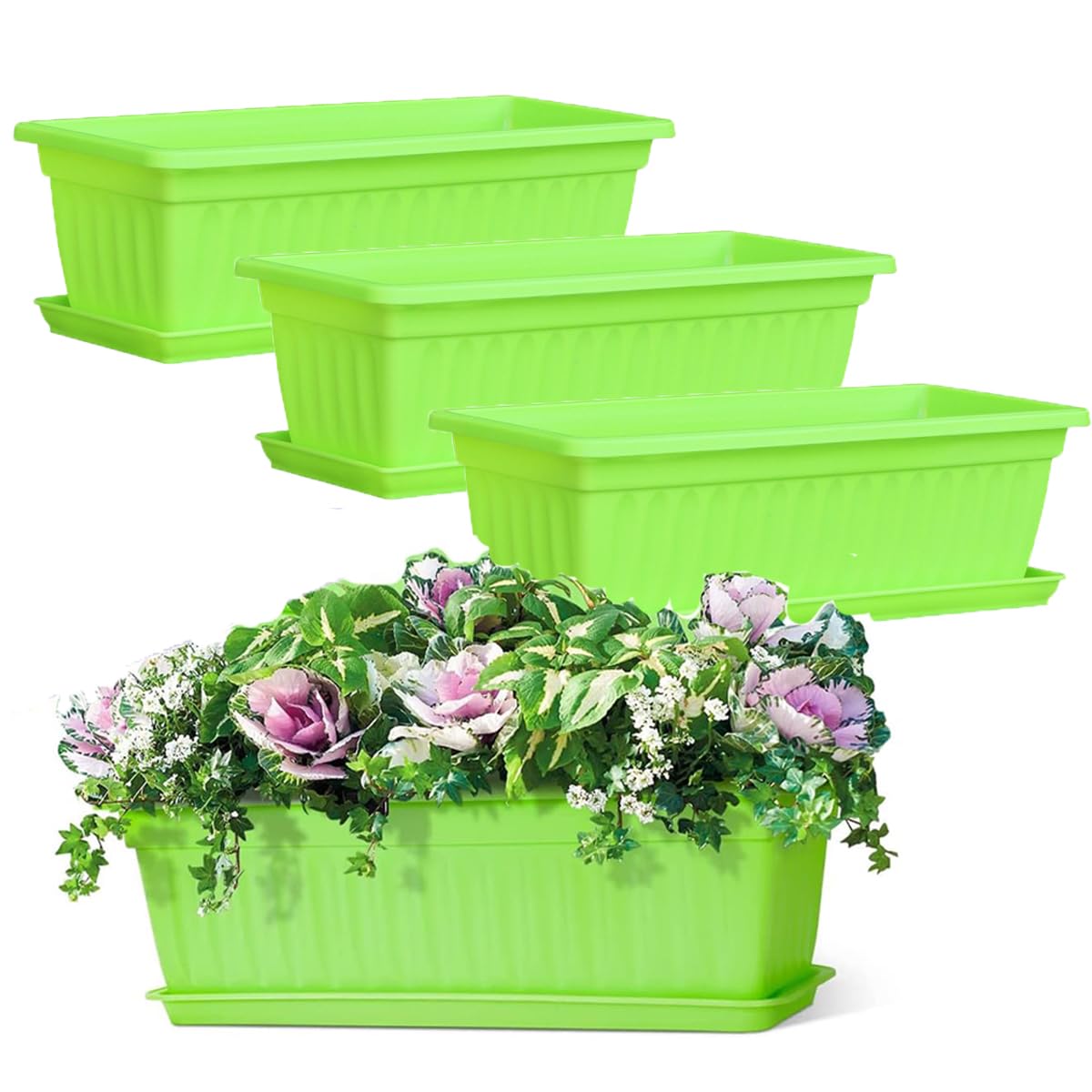 BSTMOME 4 Pack Rectangular Window Planter Box Plastic Vegetable Planters, Flower Planter Garden Pots with Tray for Windowsill Patio Garden Home Décor Porch Balcony (Green)