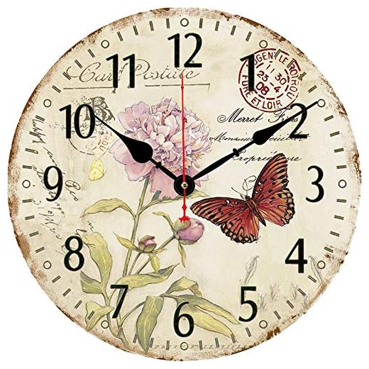 14 Inch Silent Non-Ticking Wall Clock, Big Arabic Numerals Wall Clocks, Butterfly and Flower Pattern Wooden Round Clock, Battery Operated Home Decor Hanging Clocks