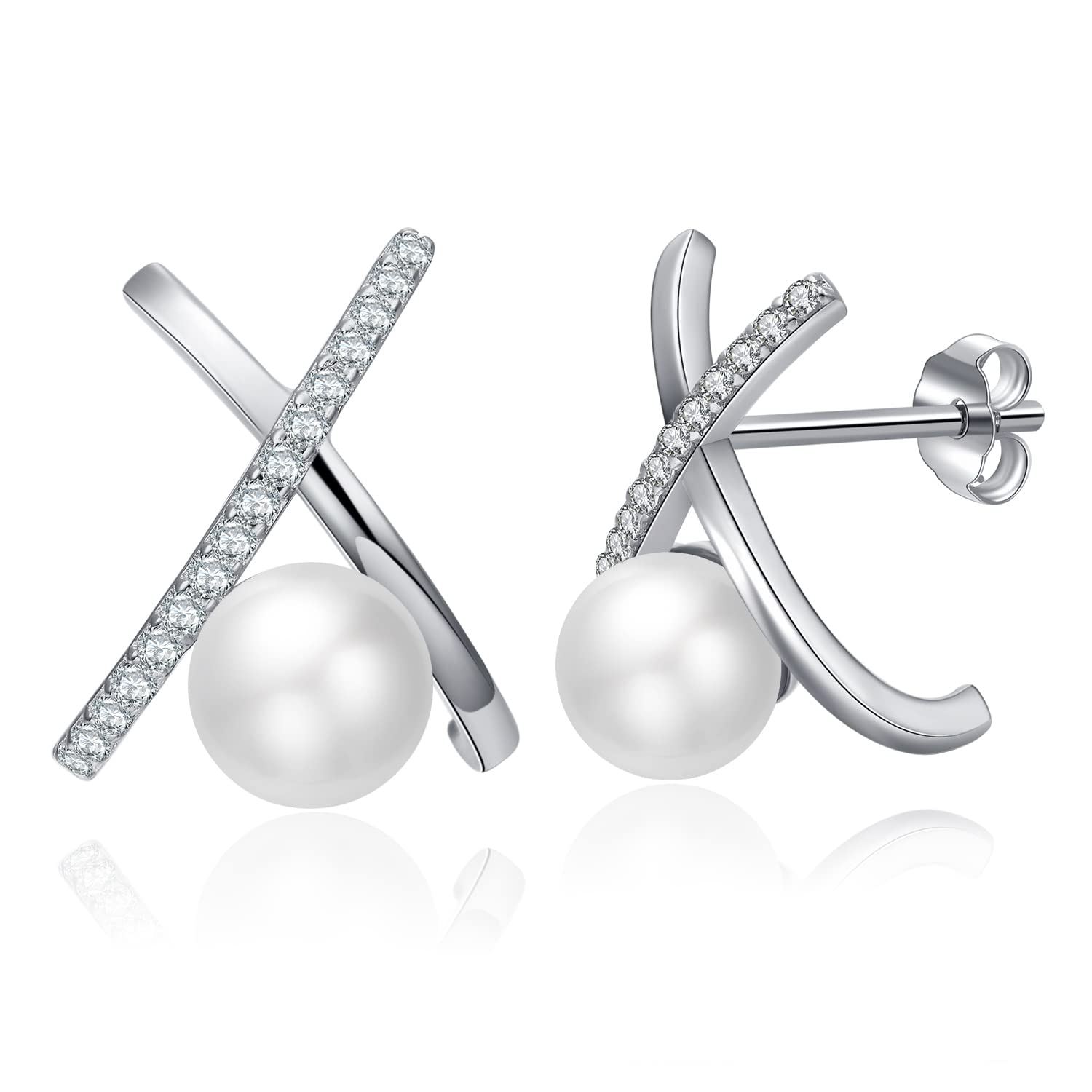 Split Chunky Pearl Stud Earrings - Shysnow Sterling Silver 925 Splits Zirconia X Shaped CZ Hoop Huggie Earrings for Women Girls Birthday Ear Jewelry Gift