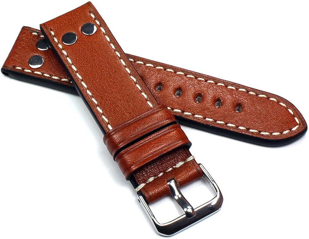 Sulla RIOS 1931 - Correa de piel para hombre (22 mm), diseño de piloto vintage con remaches, color marrón claro, marrón, 22mm, Correa
