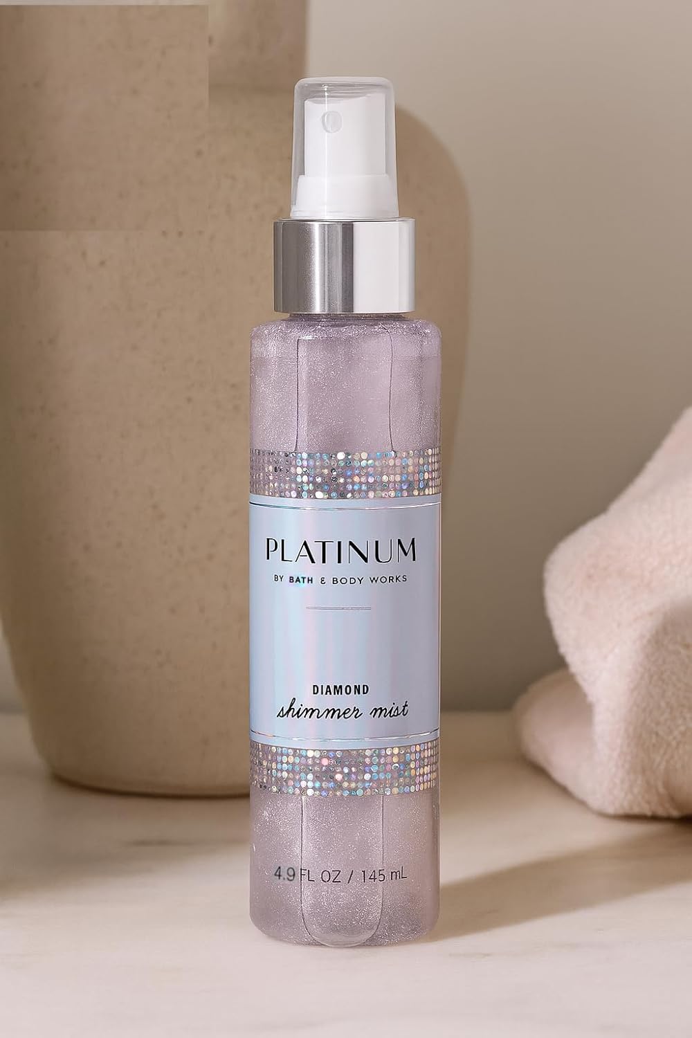 Bath & Body Works Platinum Diamond Shimmer Mist Fine Fragrance Spray 4.9 fl oz / 145 mL with Bergamot Silver Blooms and Patchouli Musk