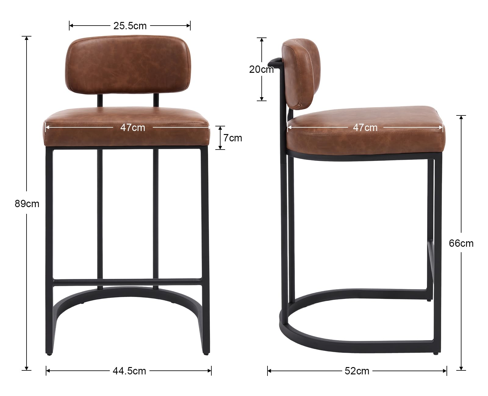 Juego de 2 taburetes de Bar de Piel sintética con Respaldo y reposapiés, Taburete de Cocina con Patas de Metal para Bar, mostrador, Cocina y hogar (2, marrón)