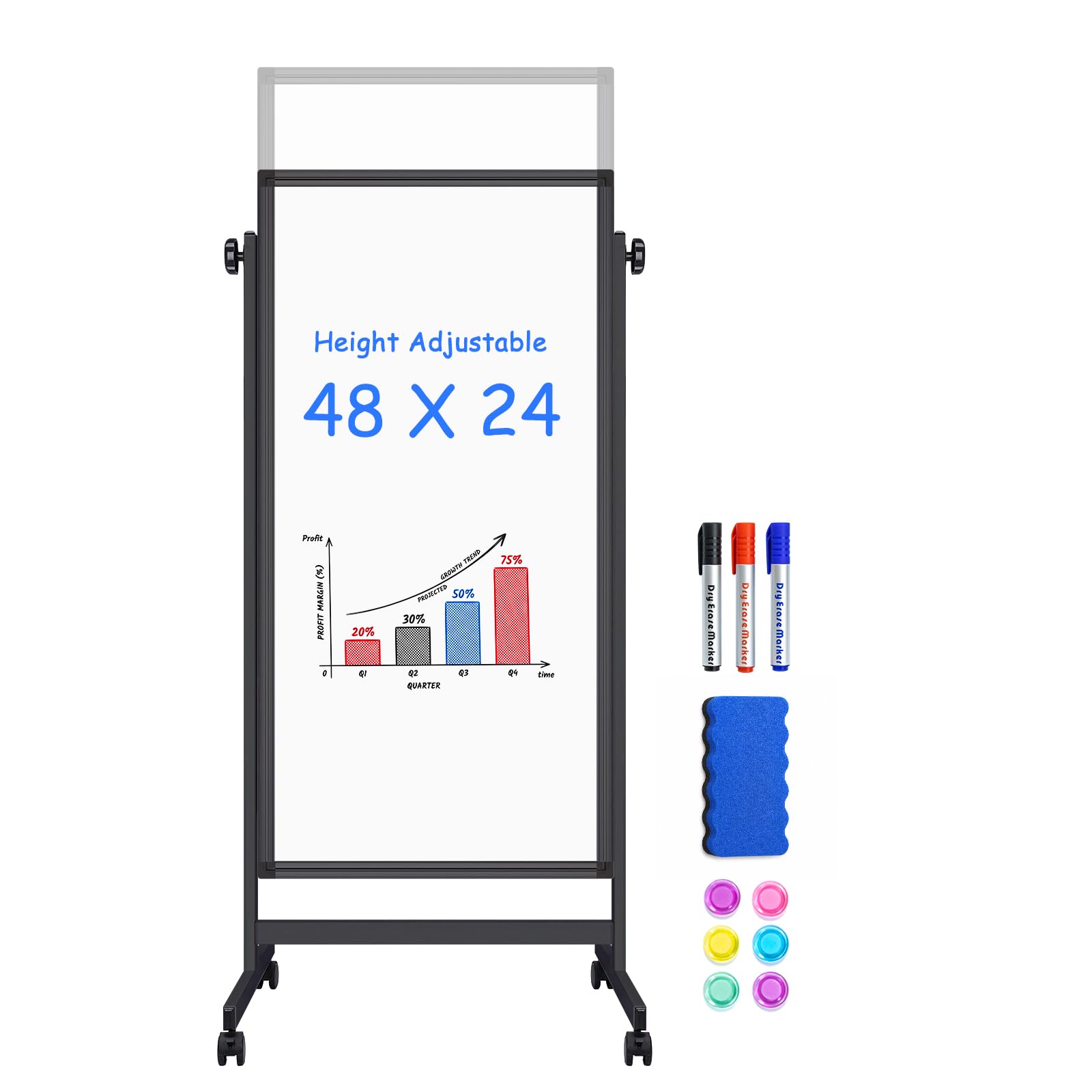 Maxtek Rolling Whiteboard, 48x24 Height Adjustable Whiteboard(Black)