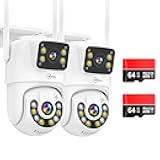Dual Lens Linkage 8MP Pan/Tilt WiFi PTZ Security Camera Outdoor 2Pack, Auto Tracking, Human Detection, Light Alarm, Color Night Vision,Siren, Plug-in Cable,2.4G WiFi,SD Card Slot with TF64G Card