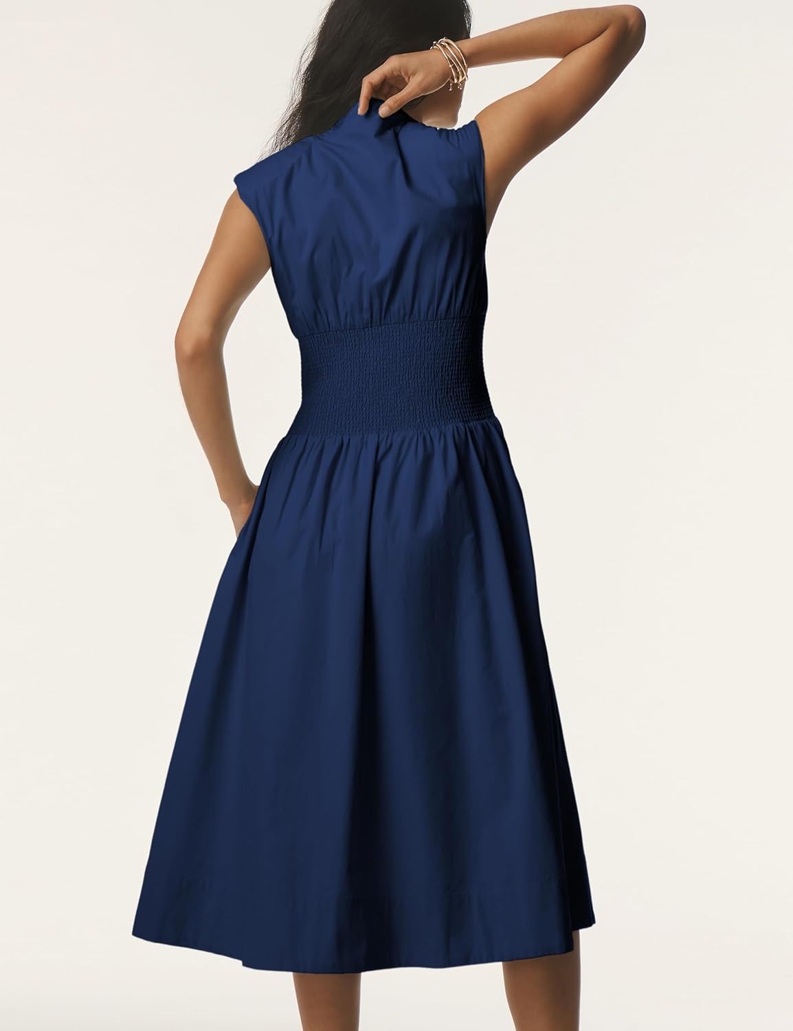 Women Sleeveless Midi Dress Summer Casual V Neck Zip Front Smocked Shirt Dress with Pockets (17W-Navy-S) - Image 2