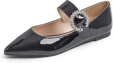 FEVERSOLE Womens Pointed Mary Jane Shoes Fashion Strap Buckle Slip On Flats