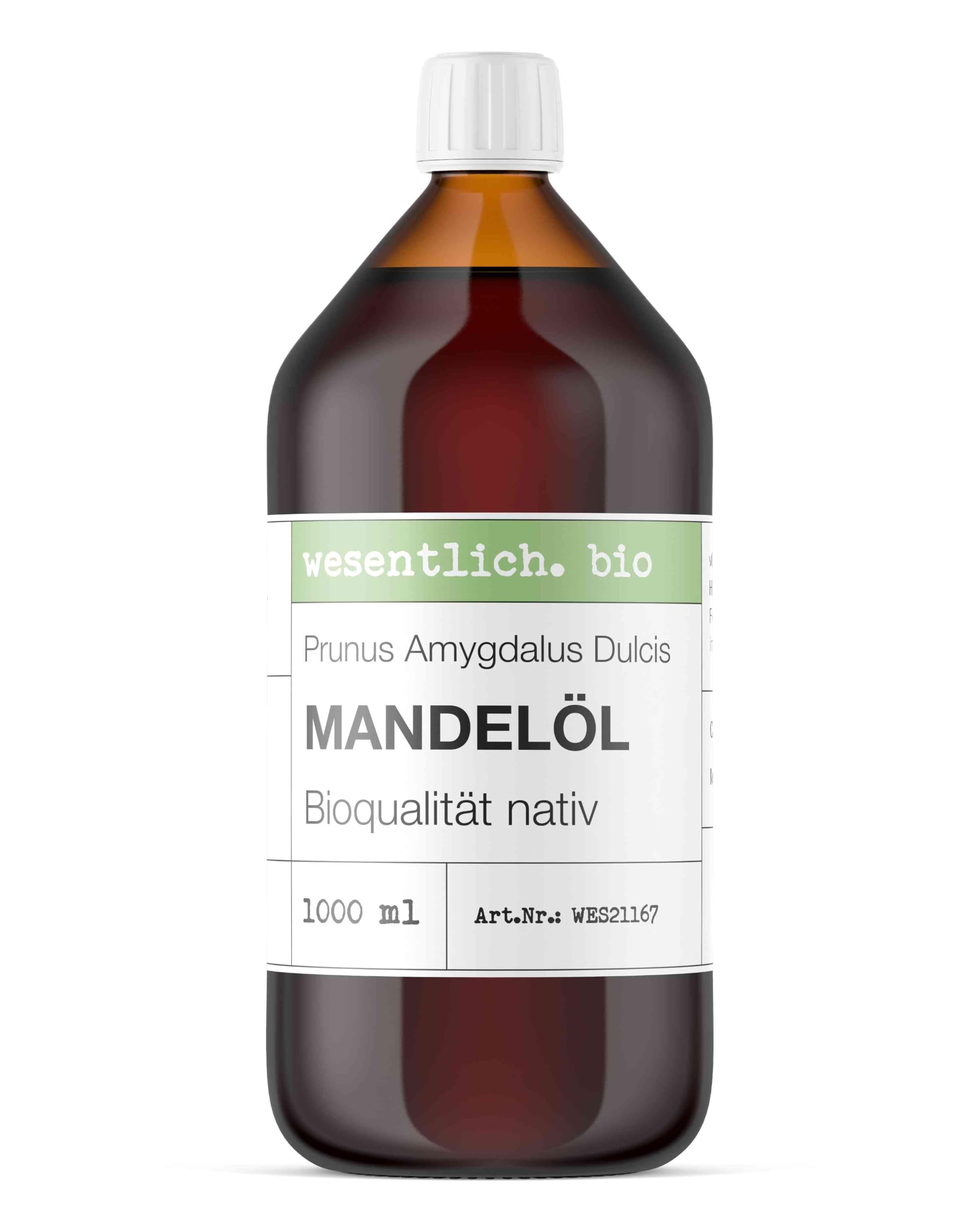 wesentlich. Mandelöl BIO kaltgepresst | für Kosmetik, Haare und Gesicht | Baby Pflege und Basis für Badeöl und Massageöl | 1000ml