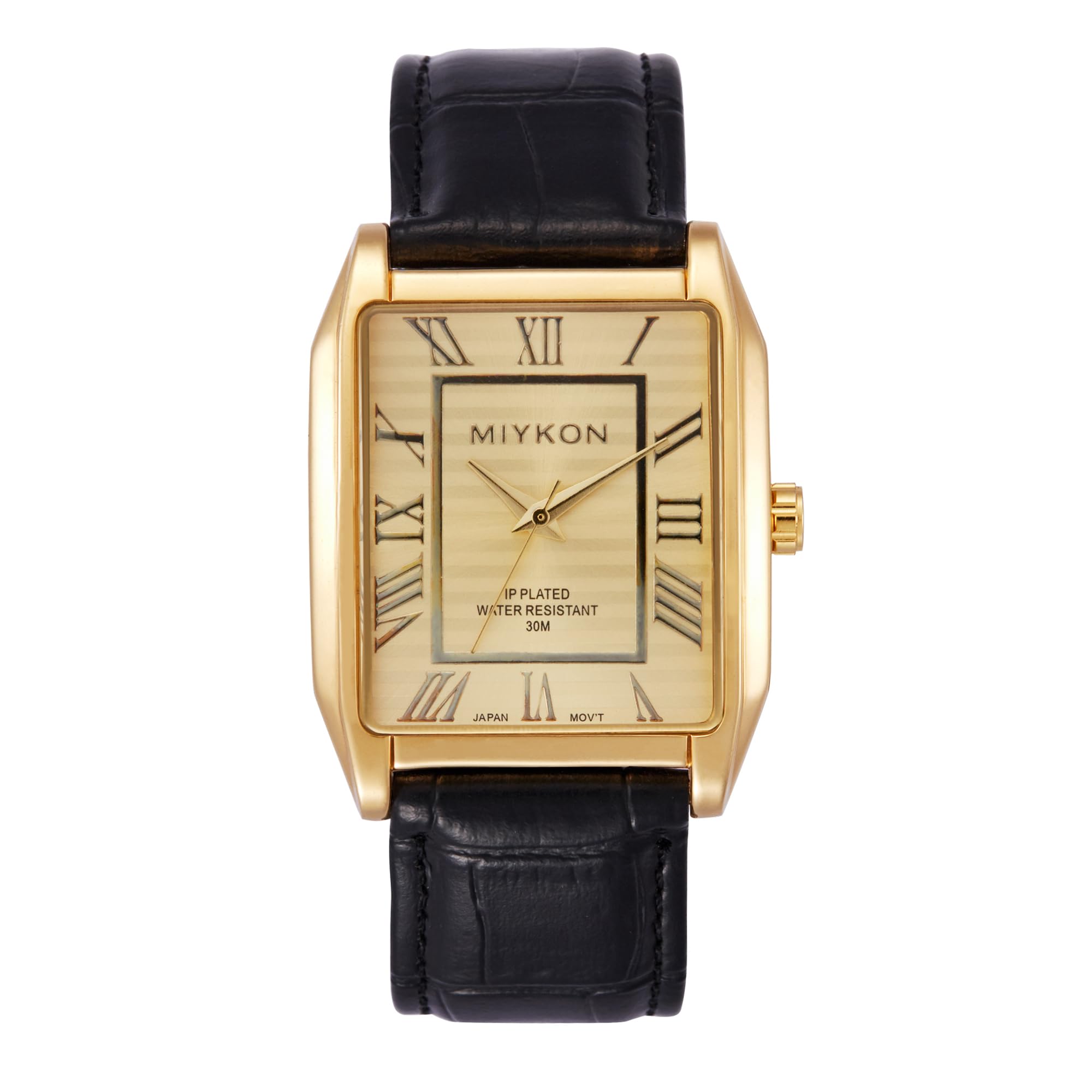 Miykon Classic Watches for Men - Black Strap Watch with Roman or Arabic Numerals, Japanese Quartz, Water Resistant, 38mm - Model F2B66 Roman Numeral, Gold Case, Gold Dial