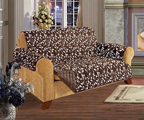 Elegance Linen Quilted Pet Dog Children Kids - Furniture Protector- Microfiber Slip Cover Chocolate Love Seat Leaf Design