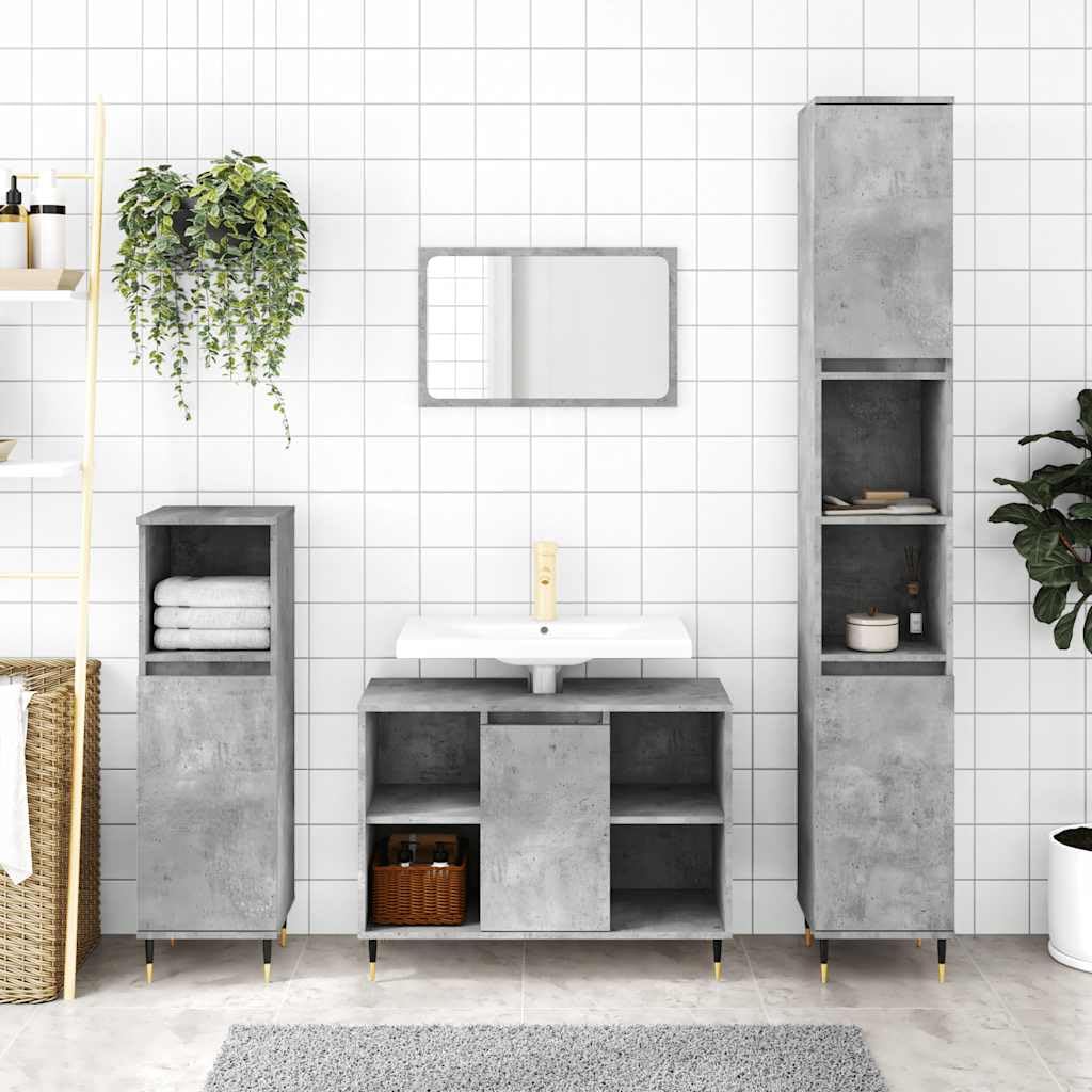 Armario de baño gris hormigón 30 x 30 x 100 cm de material de madera con patas de hierro para muebles de baño, espacio de almacenamiento, montaje en pared, lavabo, armario bajo, estante de
